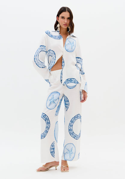 Calças Wide Leg Estampado Azul Círculos - Lança Perfume