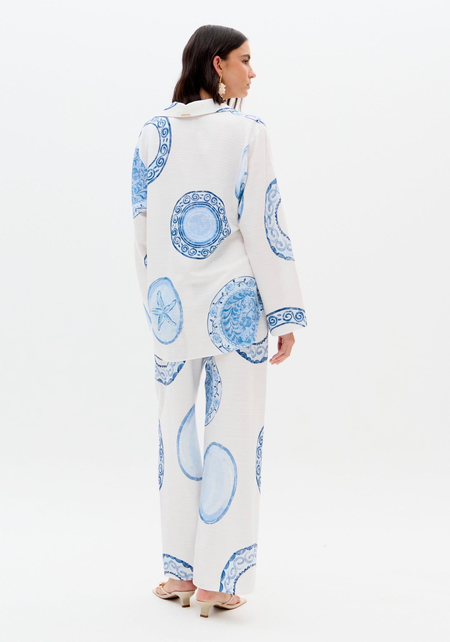 Calças Wide Leg Estampado Azul Círculos - Lança Perfume