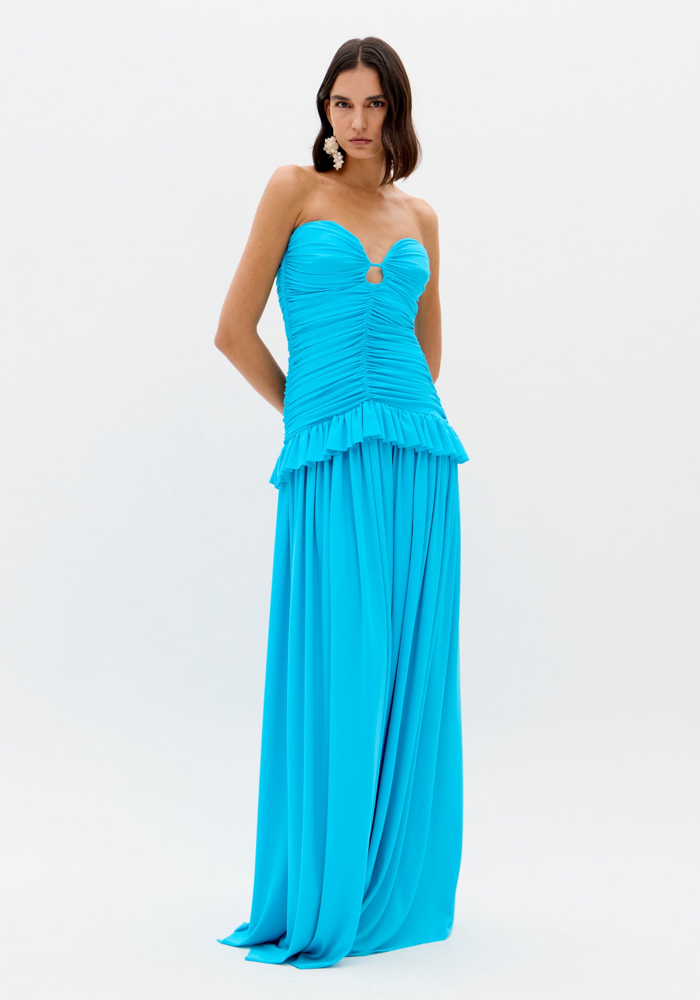 Vestido Maxi Turquesa Bustier Franzido - Lança Perfume