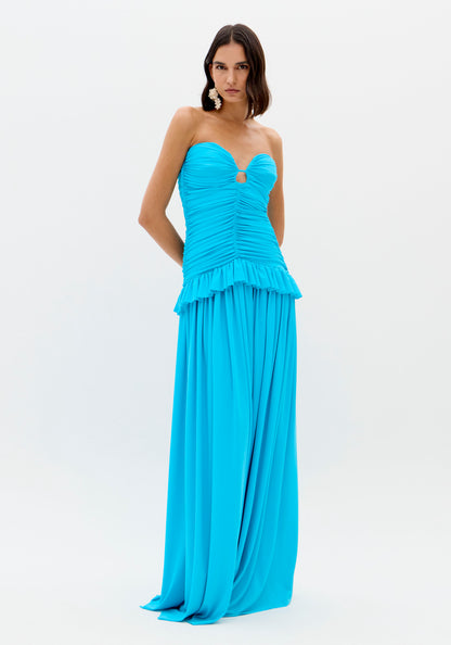 Vestido Maxi Turquesa Bustier Franzido - Lança Perfume
