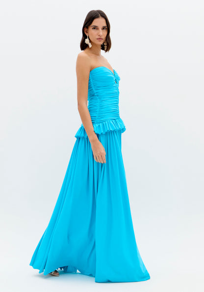 Vestido Maxi Turquesa Bustier Franzido - Lança Perfume