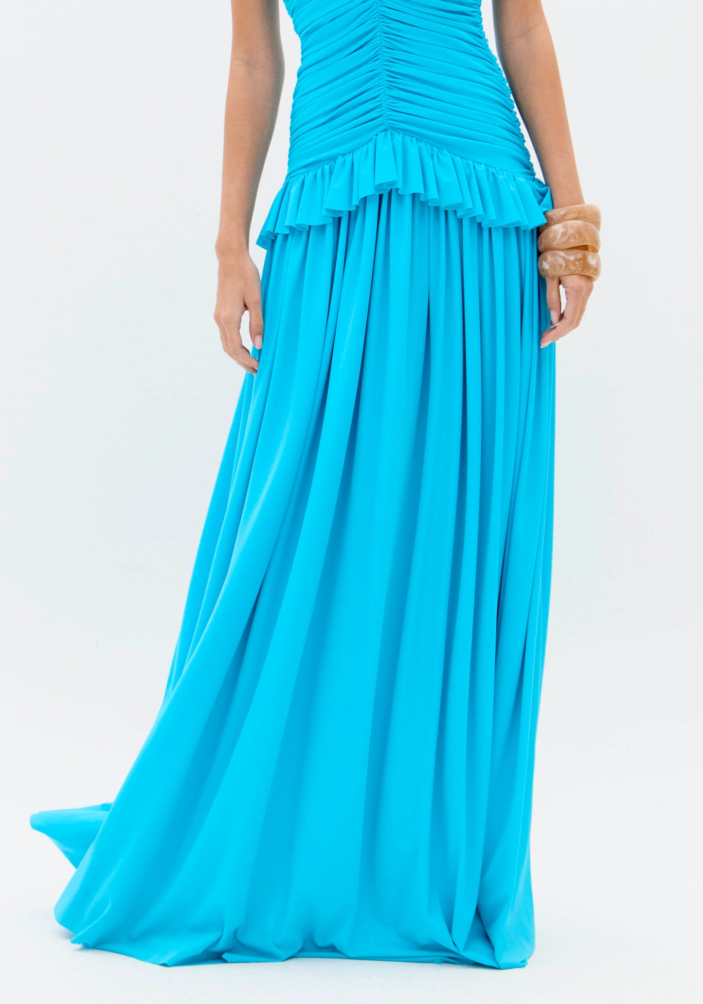 Vestido Maxi Turquesa Bustier Franzido - Lança Perfume