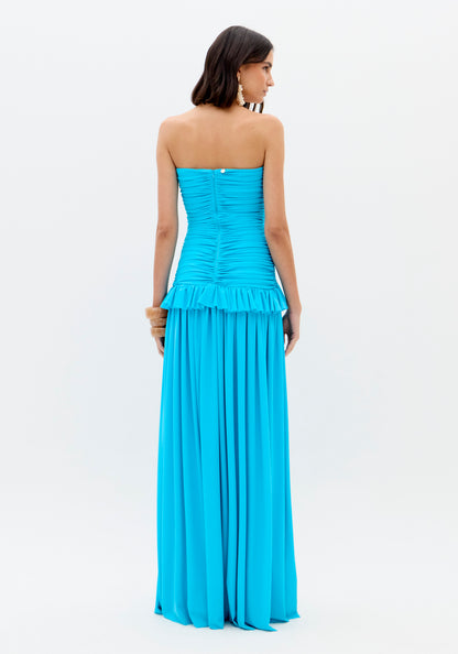 Vestido Maxi Turquesa Bustier Franzido - Lança Perfume