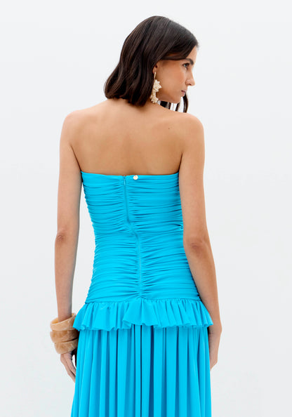 Vestido Maxi Turquesa Bustier Franzido - Lança Perfume
