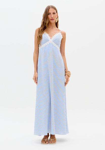 Vestido Maxi Azul Bebé Renda Decote V - Lança Perfume