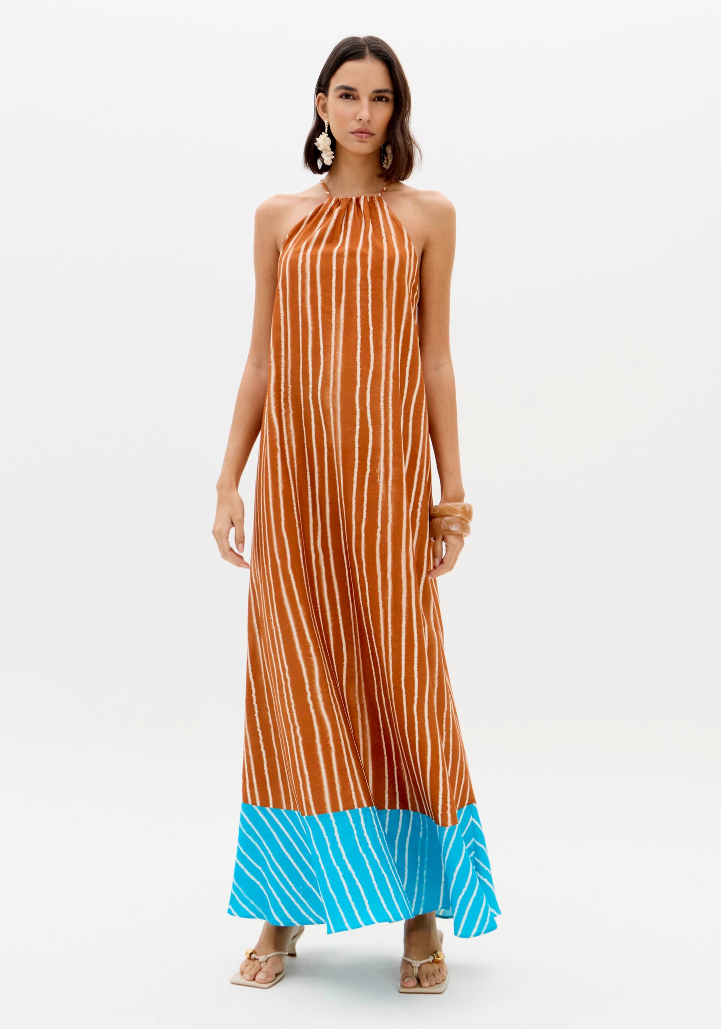 Vestido Maxi Riscas Laranja Barra Turquesa - Lança Perfume