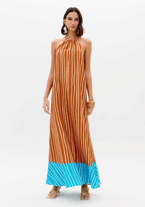 Vestido Maxi Riscas Laranja Barra Turquesa - Lança Perfume