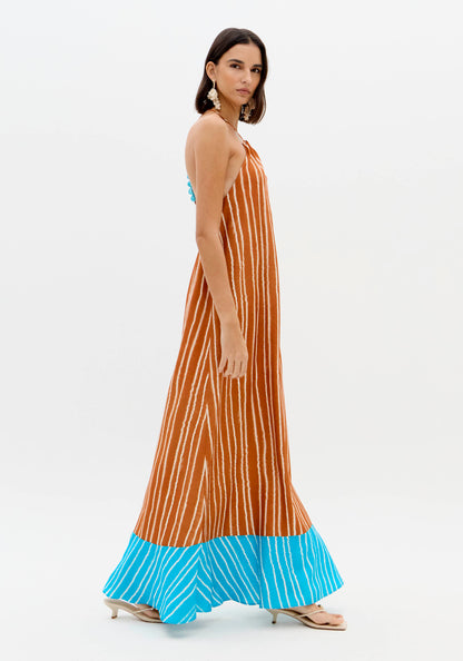 Vestido Maxi Riscas Laranja Barra Turquesa - Lança Perfume