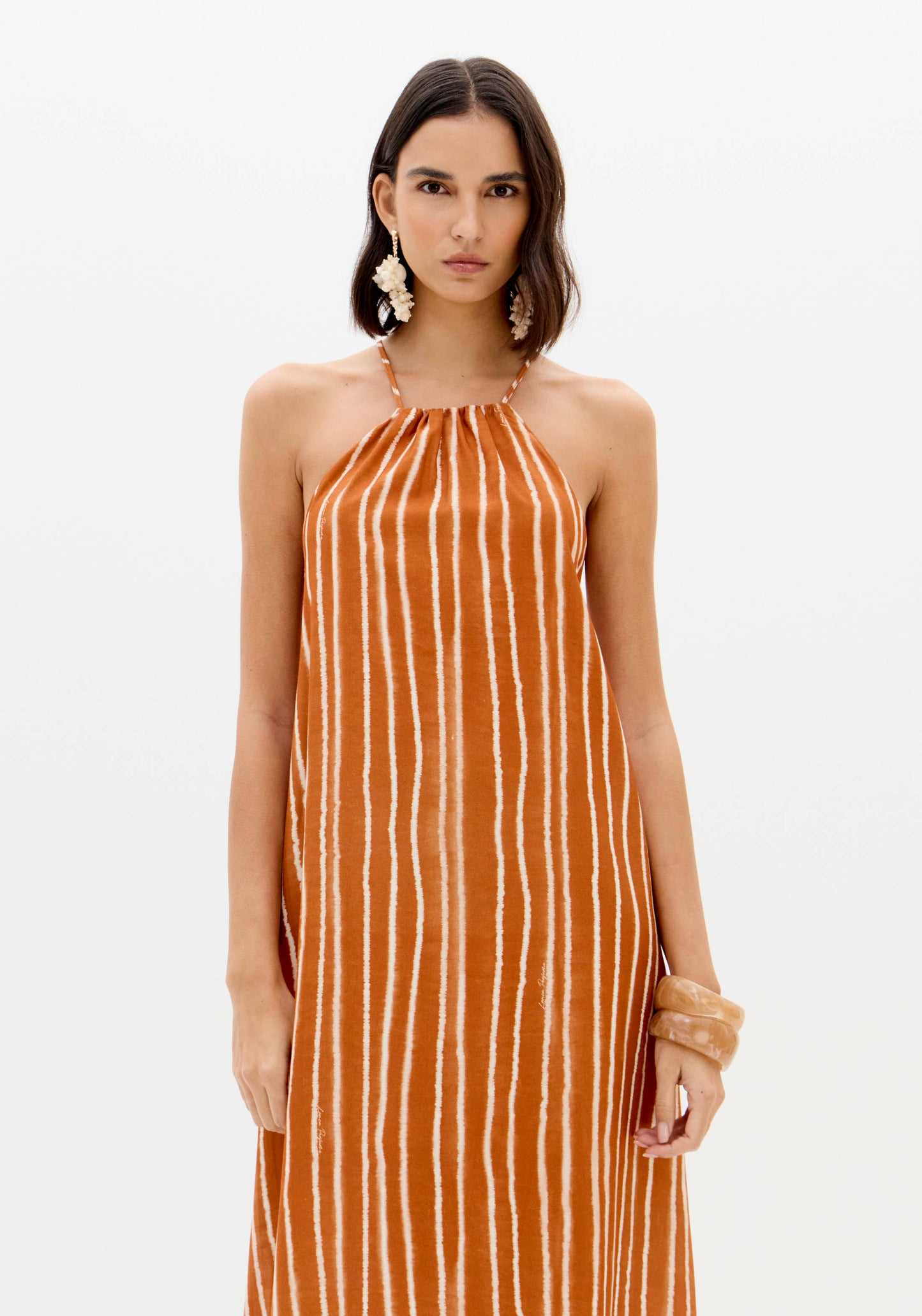 Vestido Maxi Riscas Laranja Barra Turquesa - Lança Perfume