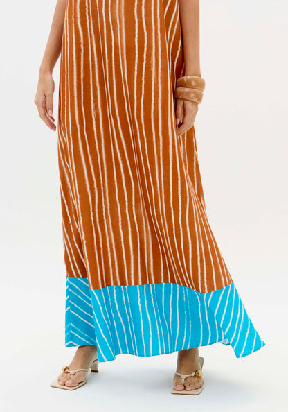 Vestido Maxi Riscas Laranja Barra Turquesa - Lança Perfume