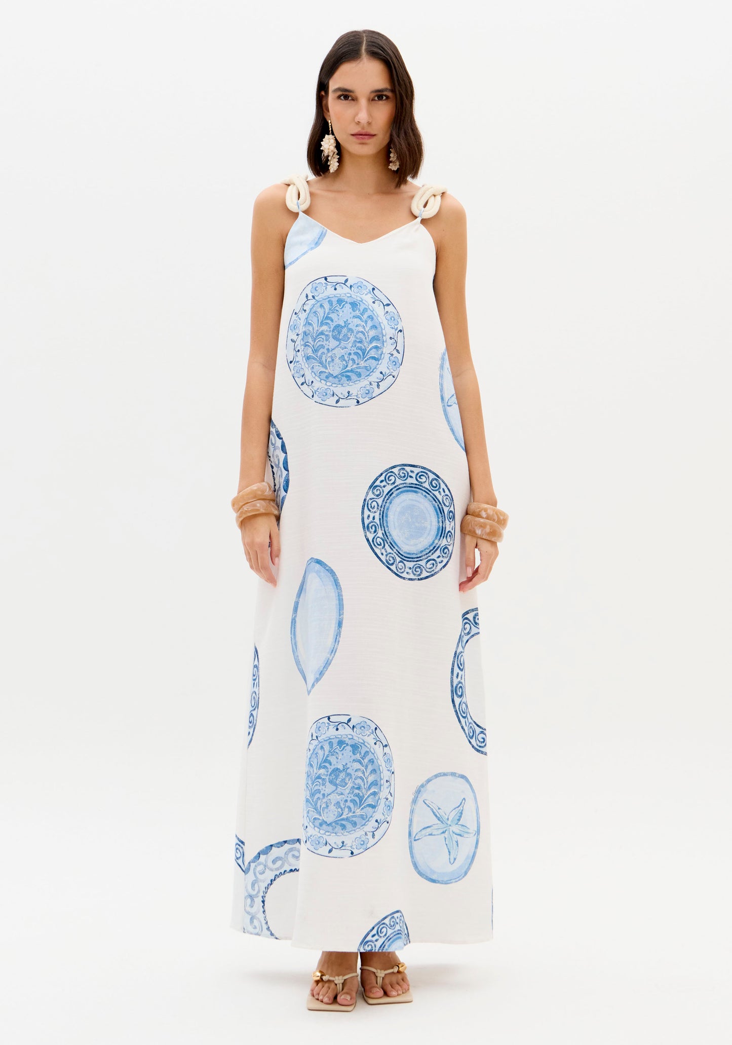 Vestido Maxi Estampado Círculos Azul Alças Largas - Lança Perfume