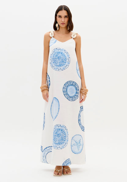 Vestido Maxi Estampado Círculos Azul Alças Largas - Lança Perfume
