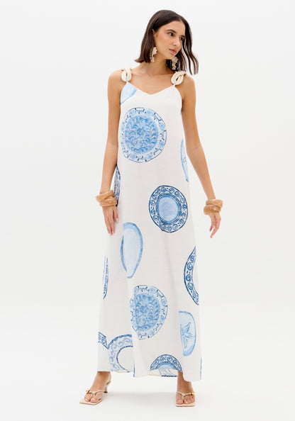 Vestido Maxi Estampado Círculos Azul Alças Largas - Lança Perfume