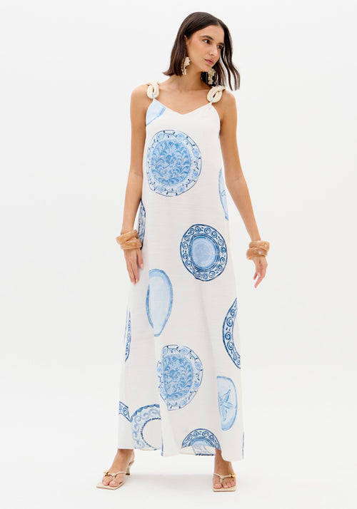 Vestido Maxi Estampado Círculos Azul Alças Largas - Lança Perfume