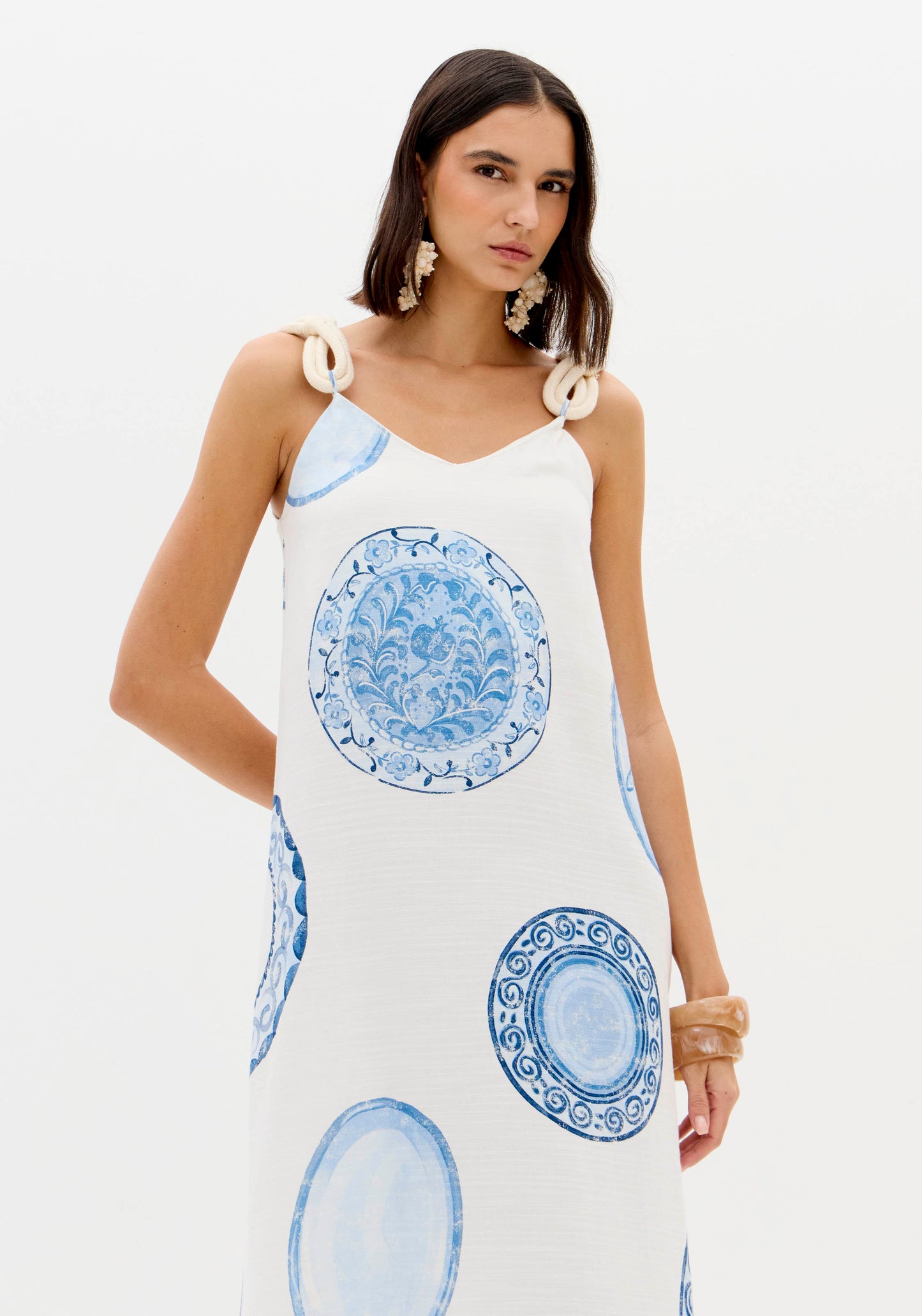 Vestido Maxi Estampado Círculos Azul Alças Largas - Lança Perfume
