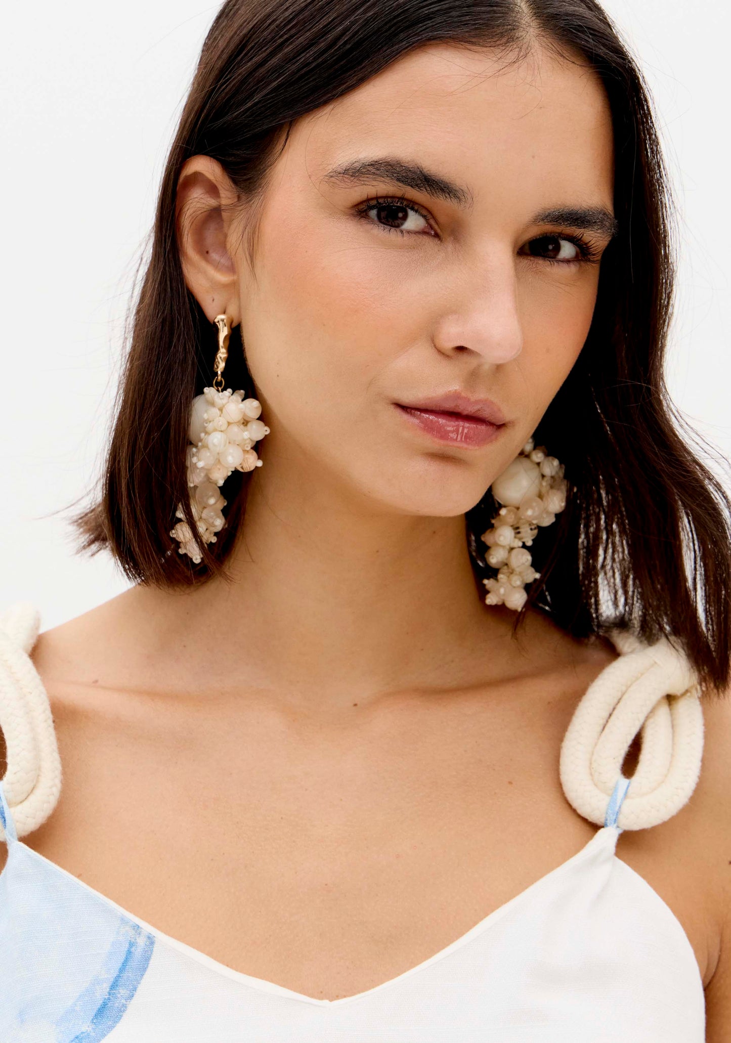 Vestido Maxi Estampado Círculos Azul Alças Largas - Lança Perfume
