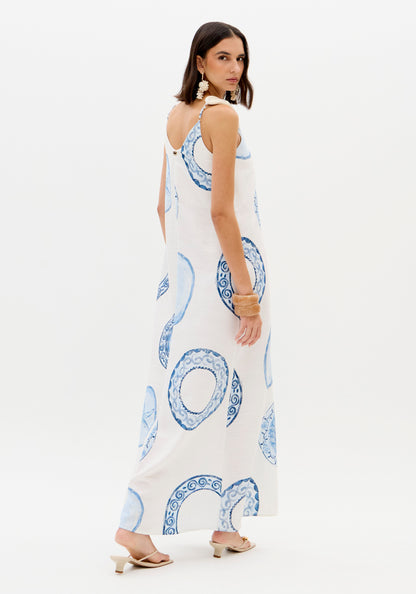 Vestido Maxi Estampado Círculos Azul Alças Largas - Lança Perfume