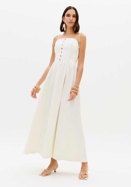 Vestido Midi Branco Botões Frontais Alças Finas — Lança Perfume