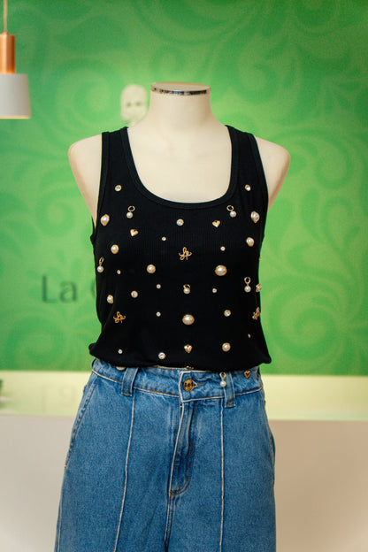 Top com aplicações black - Lança perfume