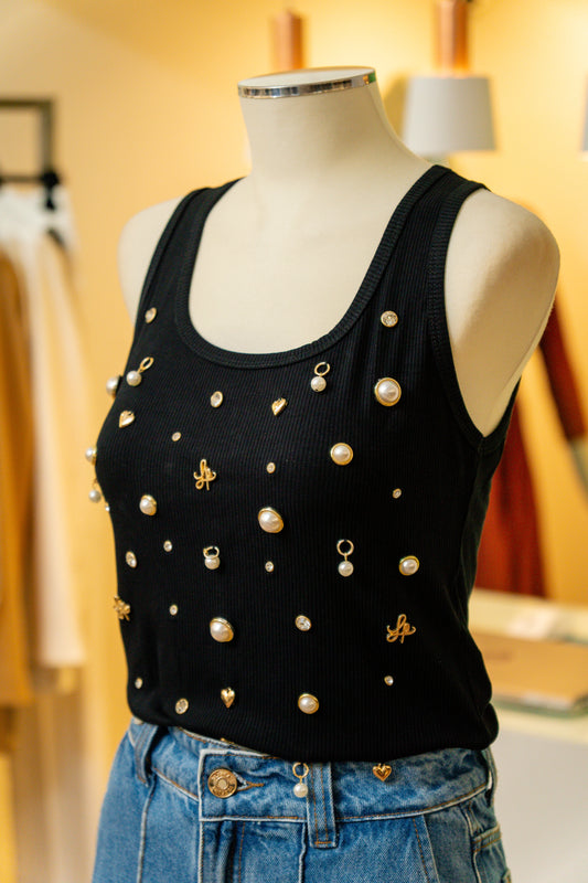 Top com aplicações black - Lança perfume