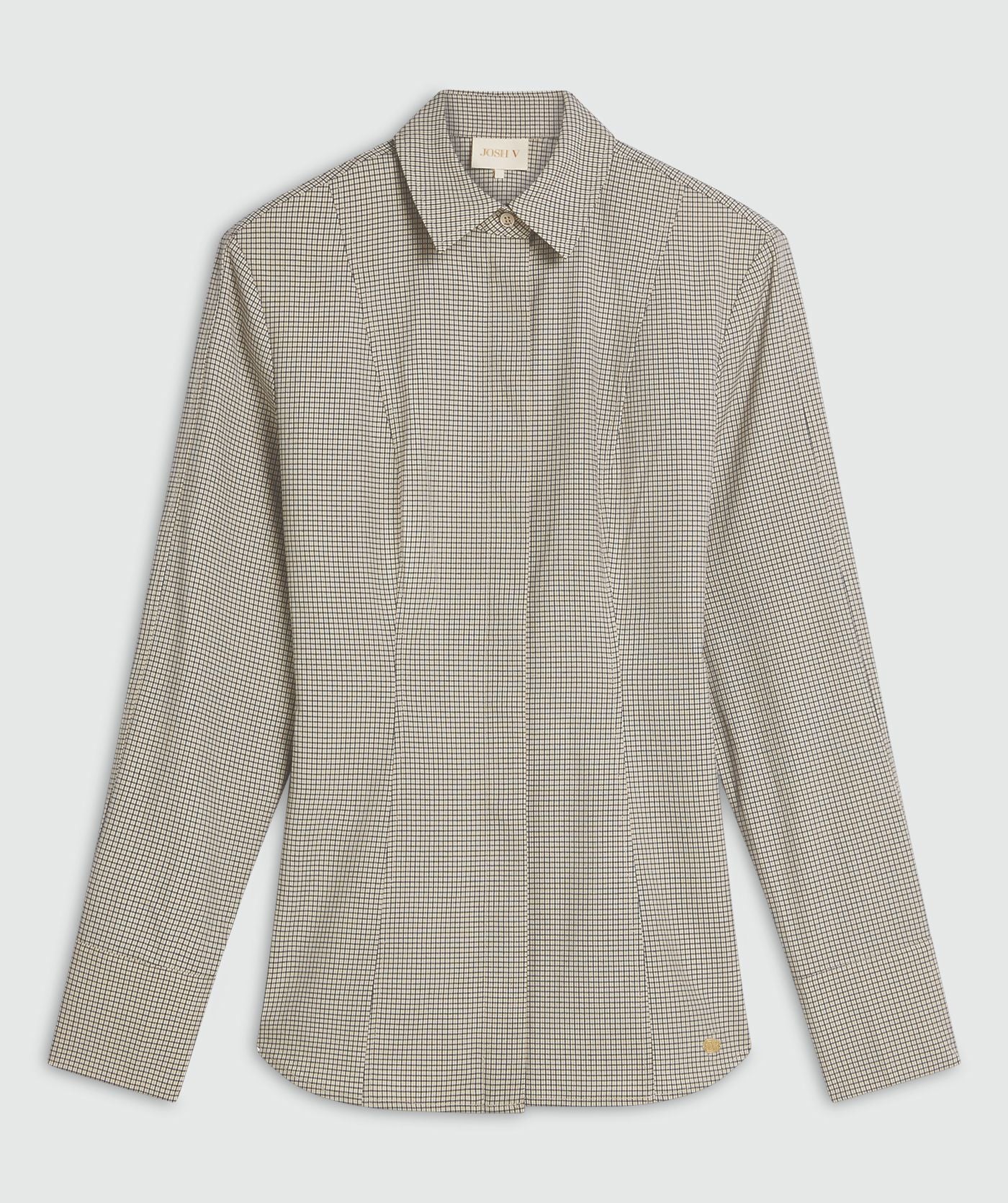 Image 34: Een fitted blouse met schoudervullingen in het Stone Check-patroon, weergegeven op een lichtgrijze achtergrond
