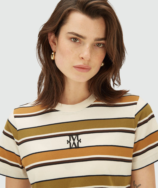 Image 5: Model draagt een Olive Green Stripe korte mouwen T-shirt. Het T-shirt heeft een regular fit, een ronde hals, streeppatroon en het JOSH V monogram op de borst
