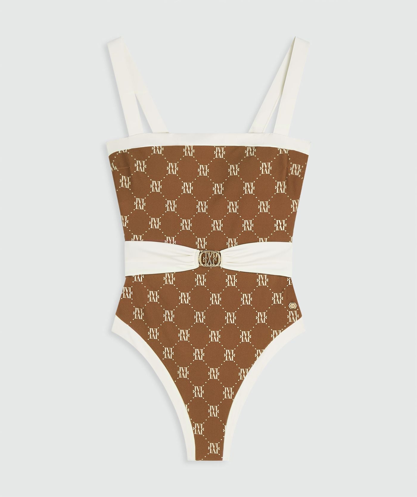 Image 42: Een badpak met ceintuur in de kleur Brown Ecru, zonder model, weergegeven op een lichtgrijze achtergrond