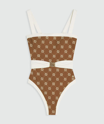 Image 42: Een badpak met ceintuur in de kleur Brown Ecru, zonder model, weergegeven op een lichtgrijze achtergrond