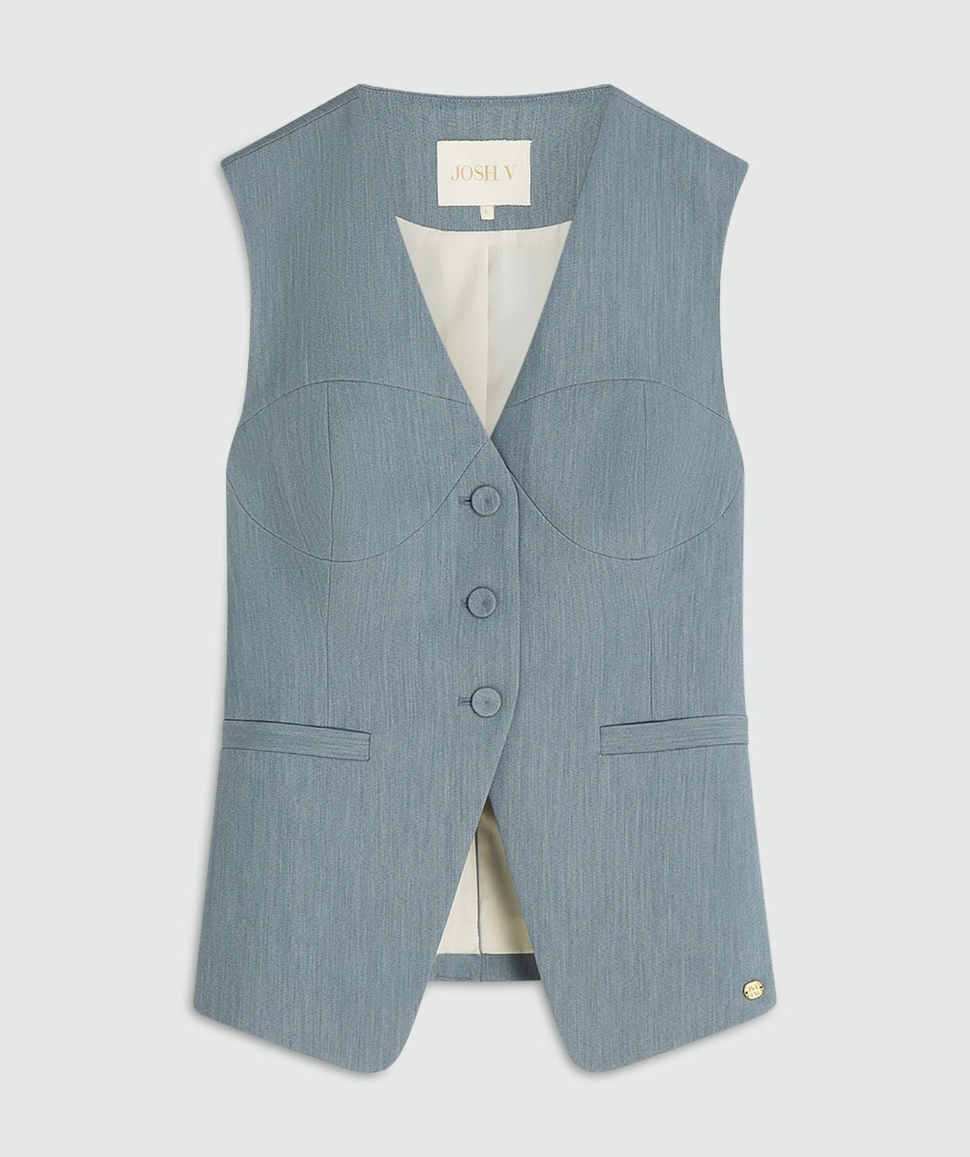 Image 9: Een fitted gilet in de kleur Sky Blue Melange zonder model, weergegeven in op een lichtgrijze achtergrond