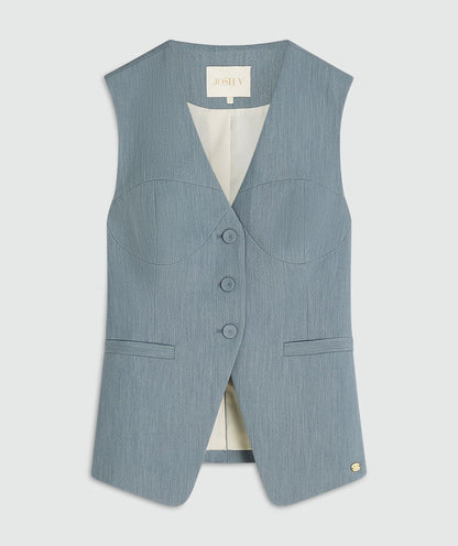 Image 9: Een fitted gilet in de kleur Sky Blue Melange zonder model, weergegeven in op een lichtgrijze achtergrond