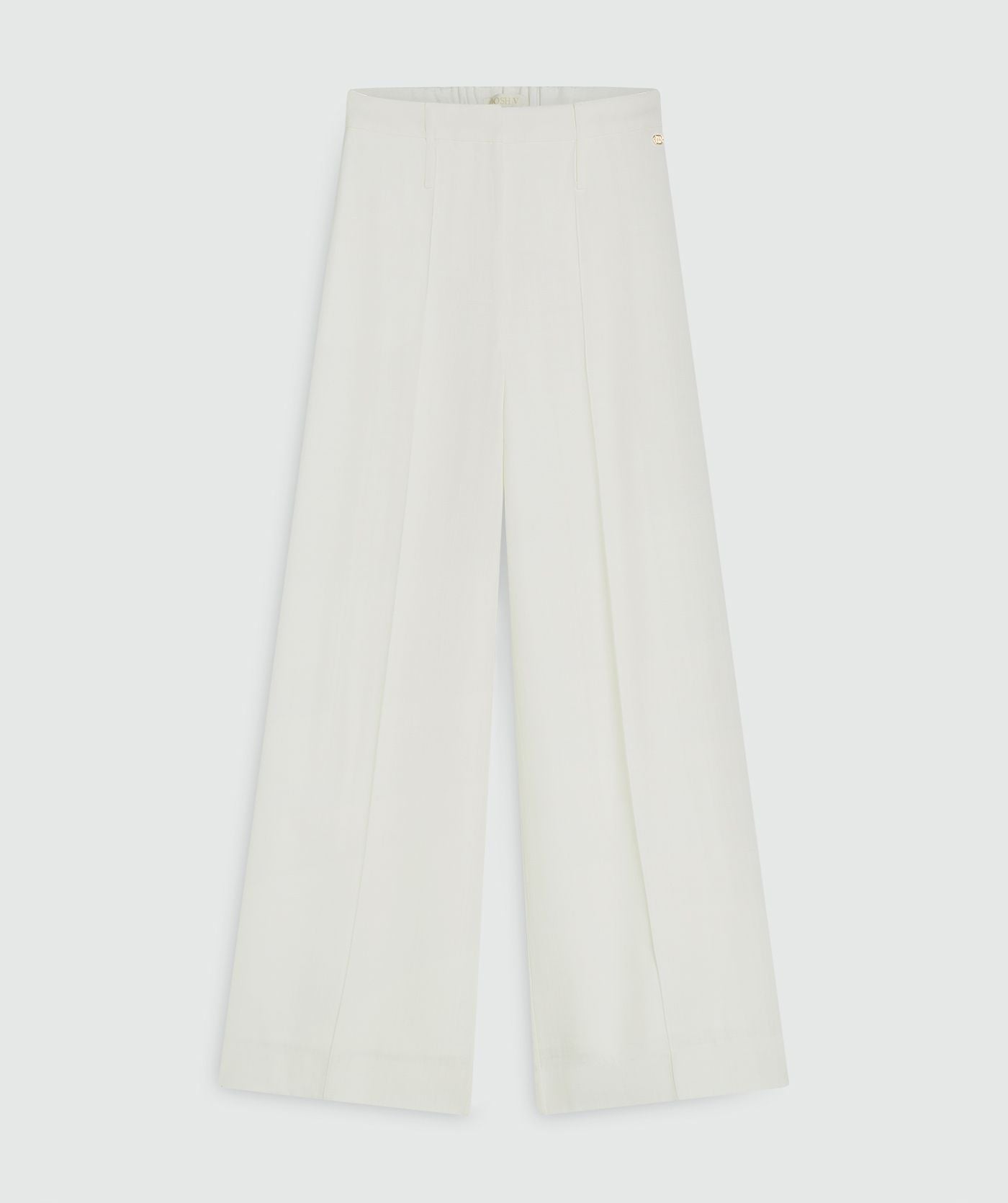 Image 47: Een high rise wide leg pantalon in het Off White, weergegeven op een lichtgrijze achtergrond